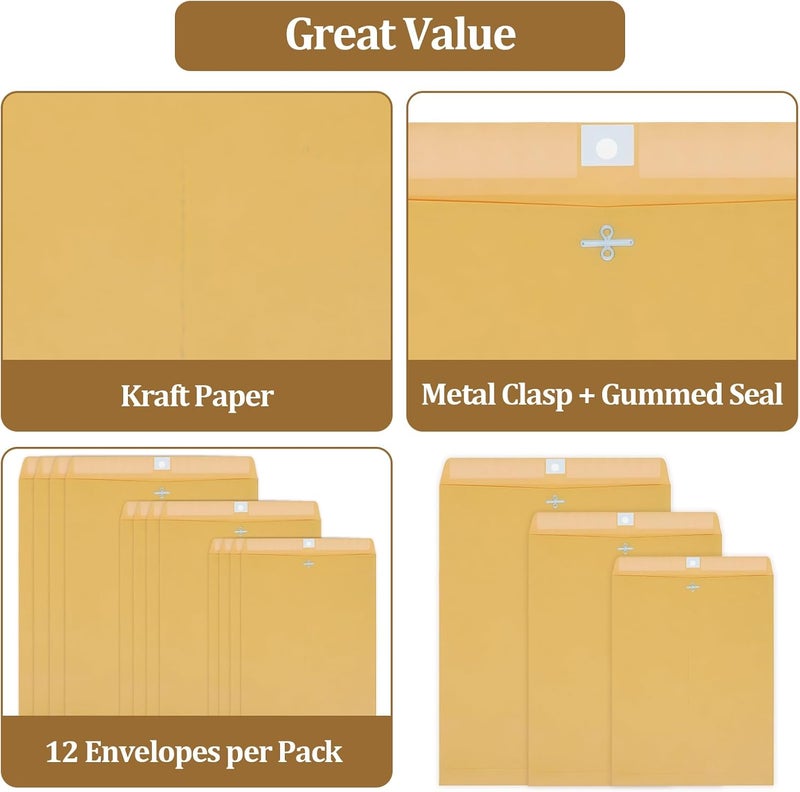 smrtcol 3 Sizes Clasp Envelopes Security Mailing Envelopes with Metal Clasps Kraft Paper Envelopes for Office, School, Home, Shipping Documents, Photos, Mailers (12 Packs) - Image 4